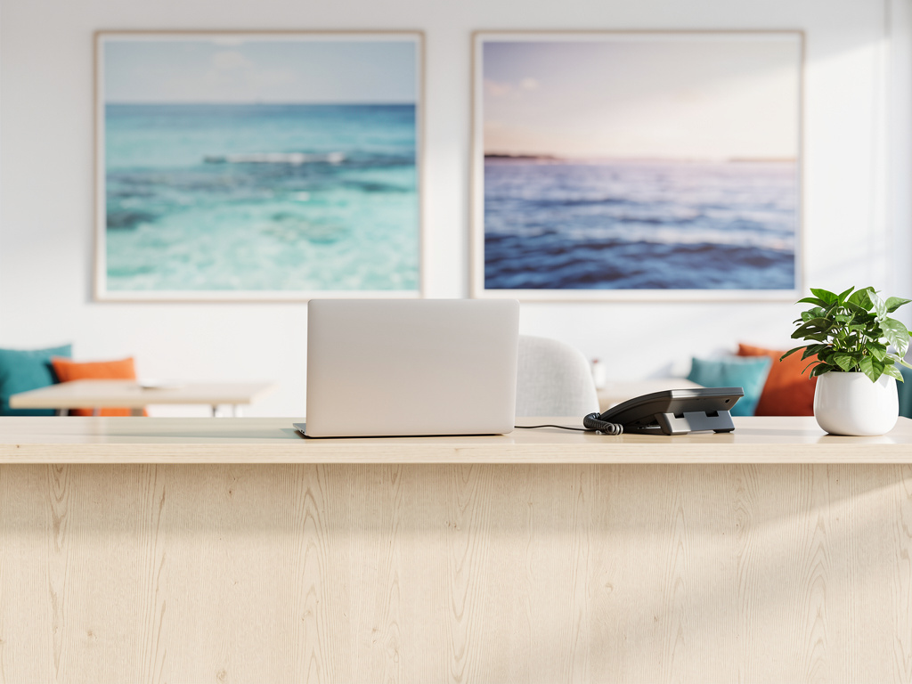 The agency's welcoming front desk with a laptop, a phone, a small plant and framed ocean photographs, nobody in focus.