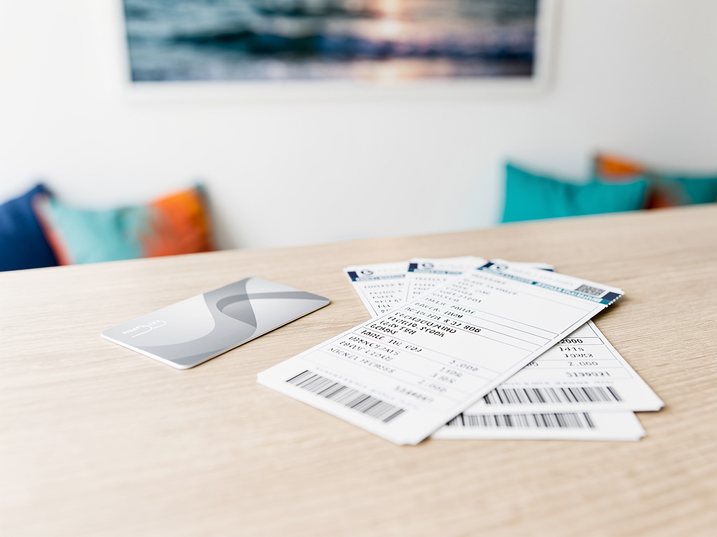 Close-up of a printed itinerary, boarding passes and a hotel key card neatly arranged on pale oak.