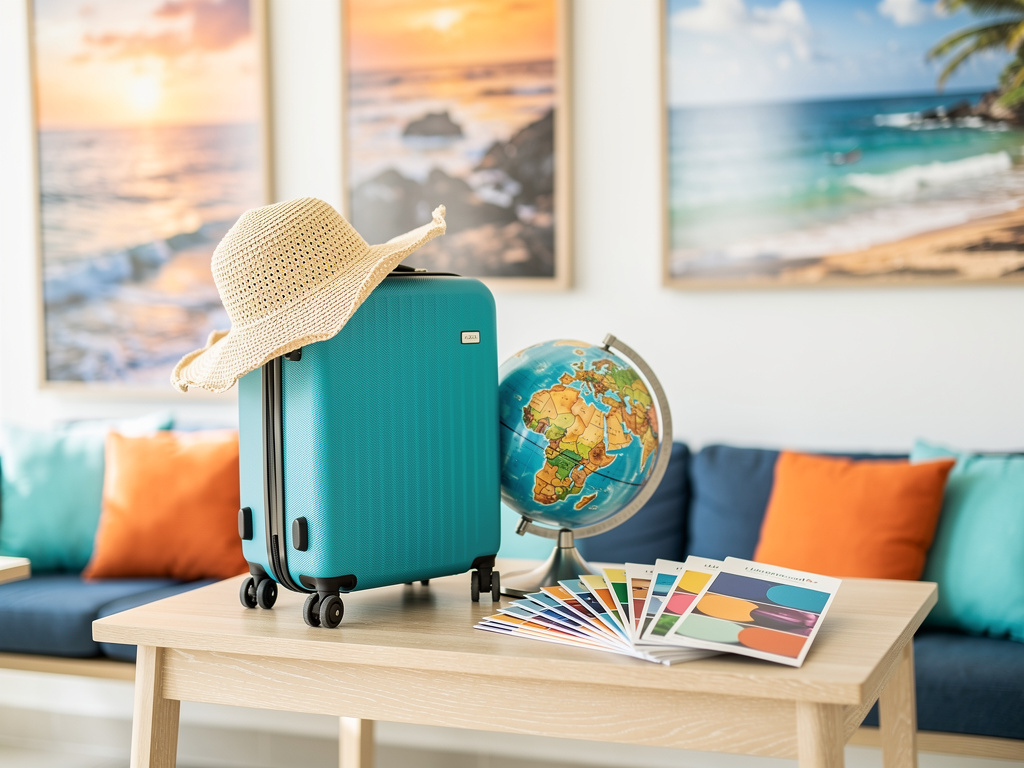 A turquoise suitcase and a straw hat beside a desk with a globe and travel brochures without readable text.