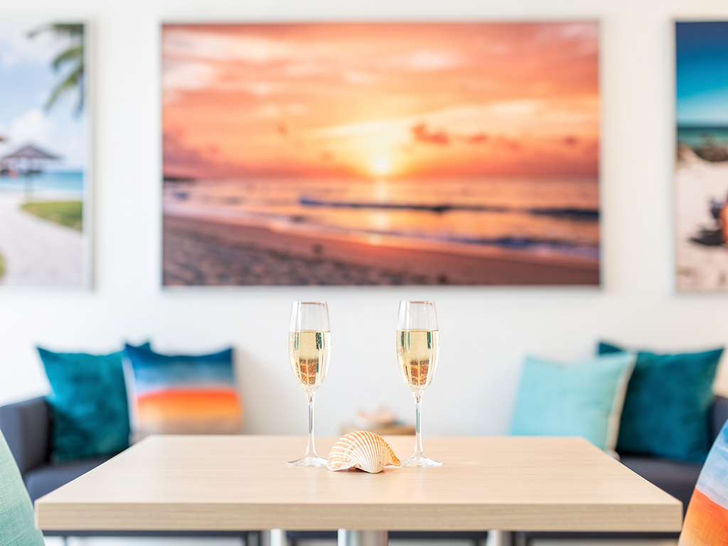 A small table set with two champagne glasses, a seashell and a framed sunset beach photograph in the background.
