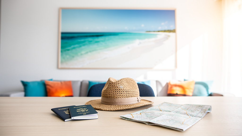 A sunlit oak consultation table in front of a large framed panoramic photo of a turquoise tropical beach, with two passp
