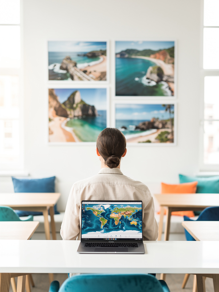 A travel consultant seen from behind at a white desk, laptop open to a world map, framed coastal photographs on the wall
